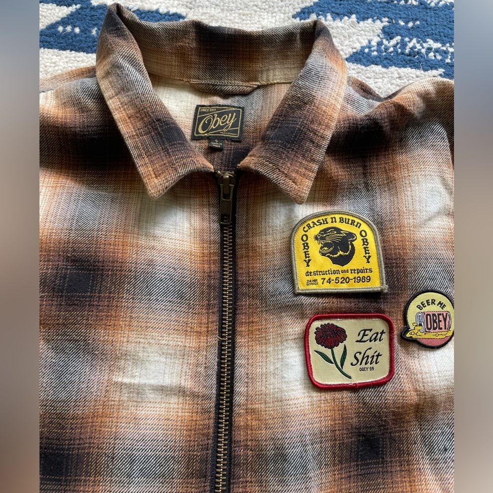 Obey Brown and Cream Plaid Jacket with Patches
